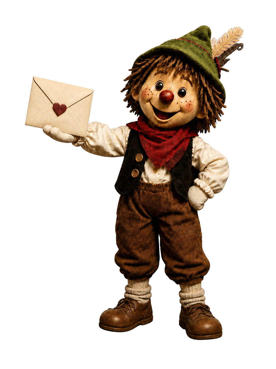 Wuschel hält einen Brief mit Herzsiegel und lädt zum Newsletter des Puppentheaters Wildhaus ein